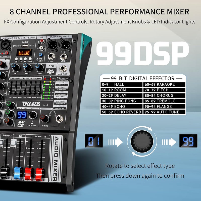 TKLBLS Audio Mixer, Professional 8 Channel DJ Mixer Board with 99-Bit DSP, Sound Board Mixing Console 7-Band EQ Output, USB Audio Interface, Bluetooth 48V Phantom Power For Karaoke Studio Streaming - Image 5